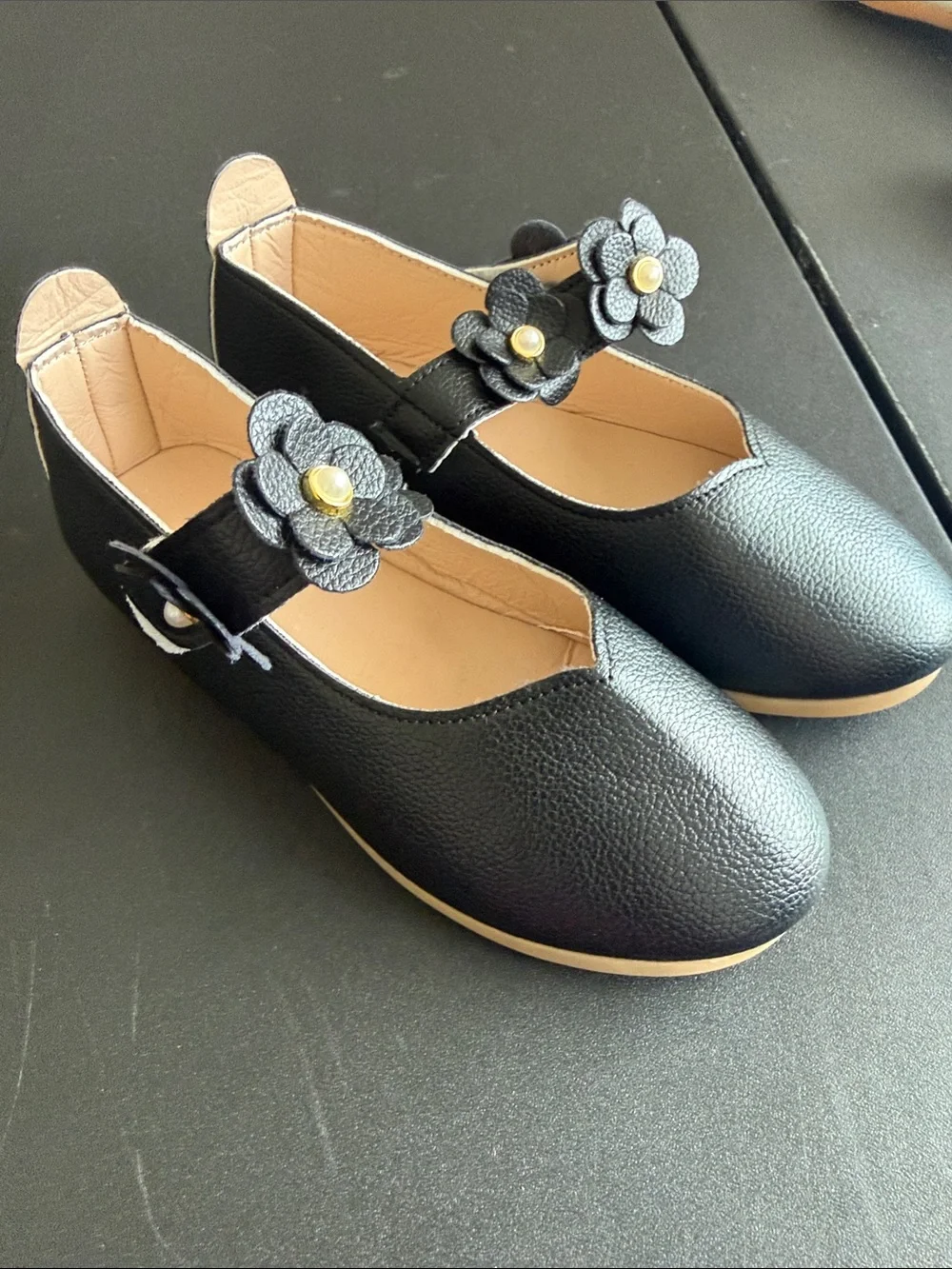 Kids Black Mary Jane Dress Shoes with Flower Strap